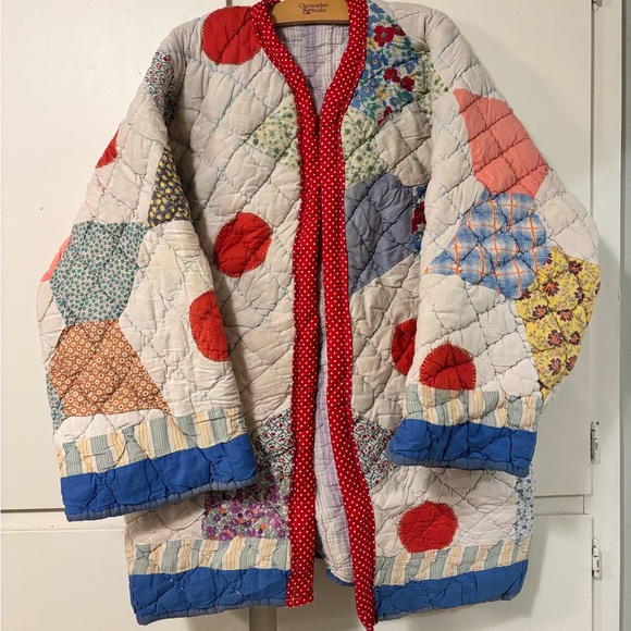 Unique Vintage Jackets & Blazers - Patchwork Quilted quilt coat with Red Accents
